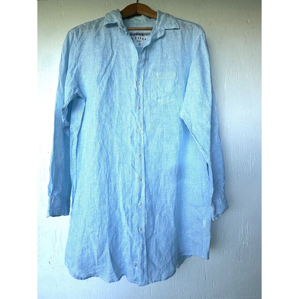 FRANK & EILEEN MARY 100% LINEN LONG SLEEVE SHIRT DRESS BLUE WHITE STRIPES MEDIUM